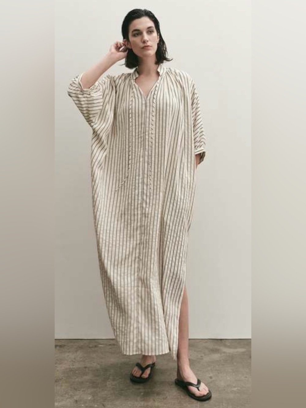 MIJEONG PARK STRIPE SHIRRED DRESS - LIGHT BEIGE, SIZE XS/S